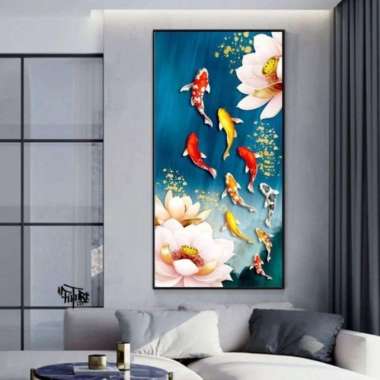 Lukisan ikan koi fengshui 9 plus bingkai ukuran jumbo hiasan dinding - future art painting TANPA BIN