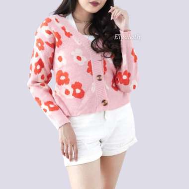 ELYCLOTH | FLORAL CARDIGAN | CARDIGAN RAJUT WANITA PREMIUM KNIT ALL SIZE PINK