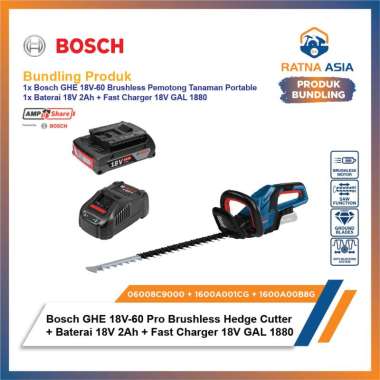 Bosch GHE 18V-60 Brushless Pemotong Tanaman + Baterai 18V 2Ah + Fast Charger 18V GAL 1880 06008C9000