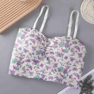 Tank Top Bra Pakaian Dalam Motif Bunga Camisol Chest Pad French Style JCKS15 Purple