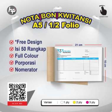 CETAK CUSTOM A5 NOTA / BON / KWITANSI / FAKTUR / SURAT JALAN 2 ply - Warna