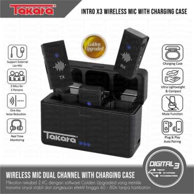 TAKARA Intro X3 Dual Channel Digital Wireless Microphone 2.4GHz with Charging Case MIC Portable Andr