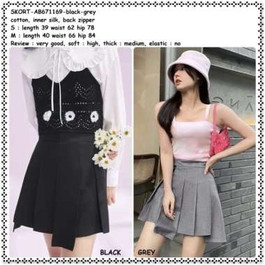 AB671169 Celana Pendek Rok Mini Skort Lipit Plisket Rempel Tenis Wanita Korea Import Hitam Black Gre