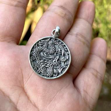 Liontin Mainan Kalung Pendant Perak Silver Bali Asli 925 Naga Dragon Bulat Pria Wanita Etnik Custom