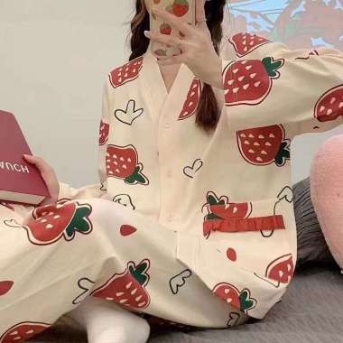 PP47 BAJU PIYAMA BAJU BAHAN KAOS TIDUR WANITA CELANA PANJANG LENGAN PANJANG Strawberry