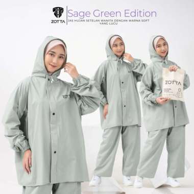 ZOTTA Jas Hujan Wanita Sage Green Lucu Aesthetic Stelan Celana