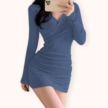 Mini Dress sexy lengan panjang wanita Gaya Korea model terbaru - Jfashion Lisa Biru