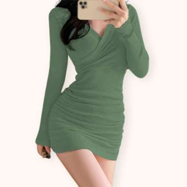 Mini Dress sexy lengan panjang wanita Gaya Korea model terbaru - Jfashion Lisa Hijau