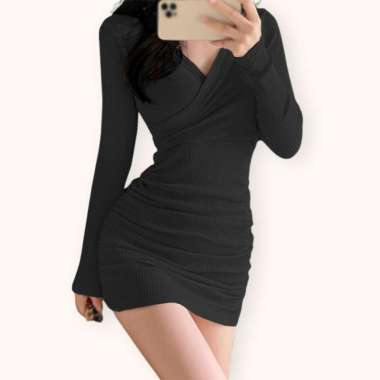 Mini Dress sexy lengan panjang wanita Gaya Korea model terbaru - Jfashion Lisa Hitam