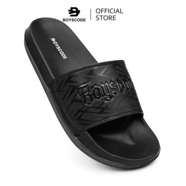 BOYSCODE Sendal Selop Karet Distro Pria Wanita Motif Japanesse Chikara Hitam Fullblack / Slip On / S