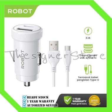 ROBOT RT-C13 Car Charger 3.1A Colokan Charger Mobil Dual Port + Type C Cable - Garansi Resmi 1 Thn W