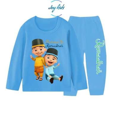 Piyama Baju Kaos Distro Anak Upin Ipin Ramadhan Usia 1-10Tahun 1-2Y Biru Muda