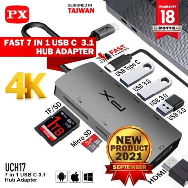 USB Hub Type C Converter Laptop Macbook to HDMI SD Card 7in1 PX UCH17