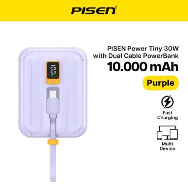 PISEN Power Tiny 30W 10000mAh With Dual Cable Power Bank (Purple) Power Bank dengan Dual Kabel & Lay