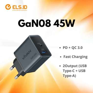 Vivan GaN08 USB Adapter 45W Fast Charging 3A 2Output (USB Type-C + USB Type-A)