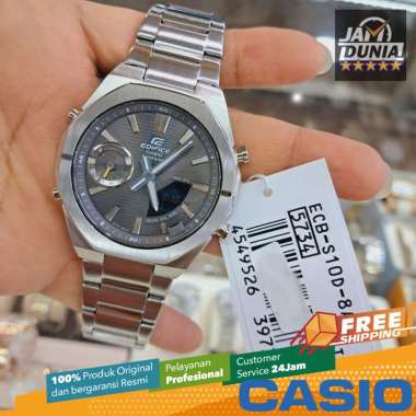 JAM TANGAN PRIA CASIO ANALOG ORIGINAL STAINLESS SILVER GREY BLUETOOTH EDIFICE ECB S100D 8A EDIFICE E