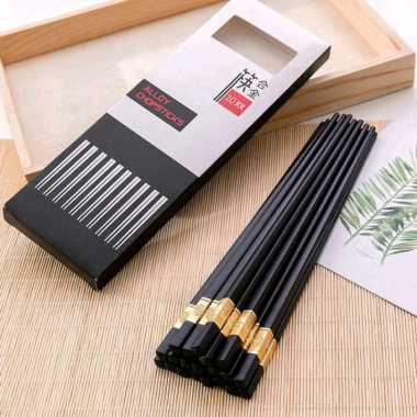 ASM2008 [1 SET 10 PASANG] Sumpit Alloy Warna Hitam Hiasan Ukiran Emas 23.5cm