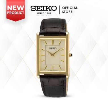 Jam Tangan Pria Seiko Classic Rectangular SWR106 SWR106P1 Gold Dial Leather Strap Quartz Original