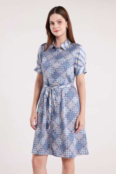 MINIMAL - Kirana - Gaun Satin Motif Etnik - Blue L Blue