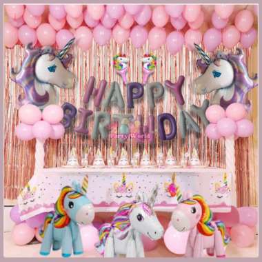 Paket Set Dekorasi Ulang Tahun Anak tema Unicorn Jumbo Pink Ungu Pastel