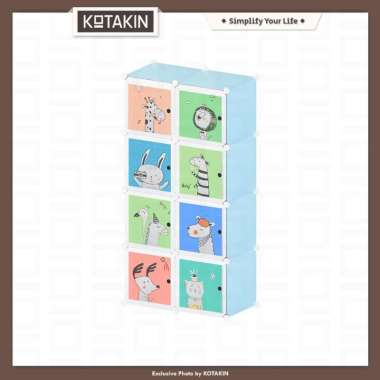 KOTAKIN Lemari 8 Pintu Rak Baju Plastik Susun Pakaian Anak Bayi Portable Bongkar Pasang Hewan Biru