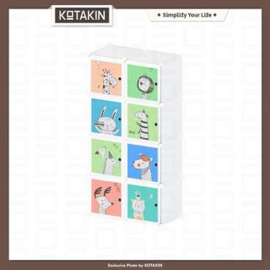 KOTAKIN Lemari 8 Pintu Rak Baju Plastik Susun Pakaian Anak Bayi Portable Bongkar Pasang Hewan Putih