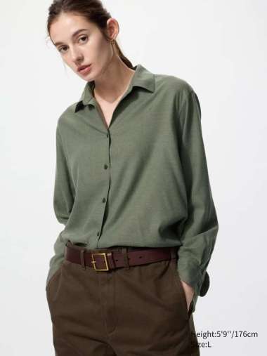 UNIQLO Kemeja Soft Flannel Lembut Wanita Kerah Skipper Shirt Lengan Panjang Polos OLIVE M