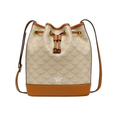 MCM Medium Himmel Lauretos Drawstring Bag Beige Oatmeal