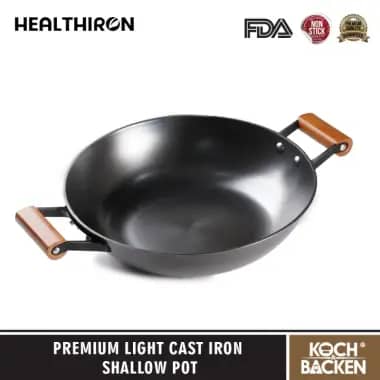 KOCH&BACKEN Premium Light Cast Iron Shallow Pot Flatt Bottom 32cm - Wajan Penggorengan Besi Cor Anti Lengket Gagang Kayu
