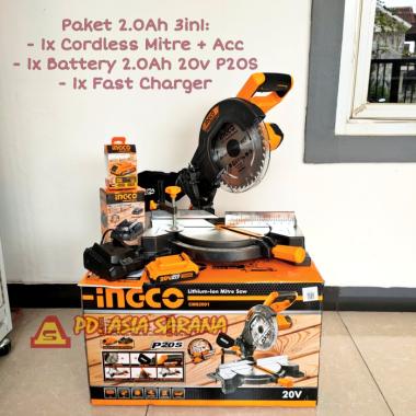 Cordless Mitre Saw 8" Inch INGCO CMS2001 Mesin Miter Aluminium P20S PAKET 2.0AH