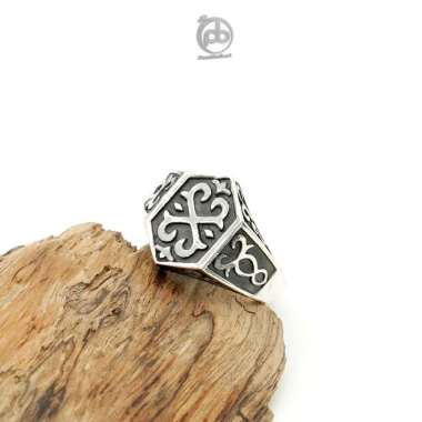 Cincin Signet Pria Perak Bali 925 Asli Vintage Ukir Hexagon 31