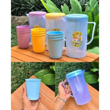 Teko eskan Laura 1.4 liter free gelas 3 teko plastik set gelas murah viral ungu kuning biru