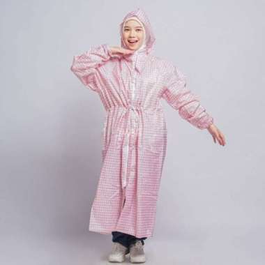 Jas Hujan Wanita Gamis 82010 Muslimah Hijabers Terusan Mantel Motif Cube kotak Pink
