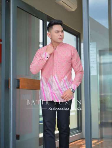 RAYYAN Slimfit Mocca Pink Baju Koko Batik Muslim Dewasa Lengan Panjang Warna Soft Pastel Bahan Katun