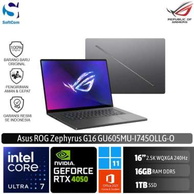 Asus ROG Zephyrus G16 GU605MU I745OLLG Laptop Gaming [Intel Core Ultra 7 155H/16GB/1TB SSD/RTX4050 6GB/16"2.5K/Win 11 Home + OHS 2021]