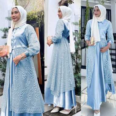 Gamis Set Arasya Dress Brukat Rok Satin Size M L Tanpa Jilbab Blue - L