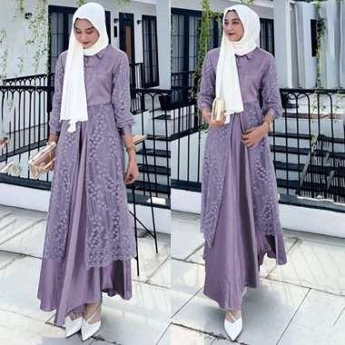 Gamis Set Arasya Dress Brukat Rok Satin Size M L Tanpa Jilbab Lilac - L