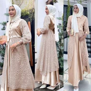 Gamis Set Arasya Dress Brukat Rok Satin Size M L Tanpa Jilbab Moca - L