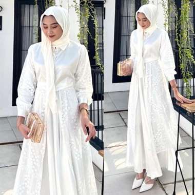 Gamis Set Arasya Dress Brukat Rok Satin Size M L Tanpa Jilbab Putih - L