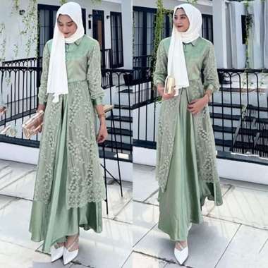 Gamis Set Arasya Dress Brukat Rok Satin Size M L Tanpa Jilbab Sage - M