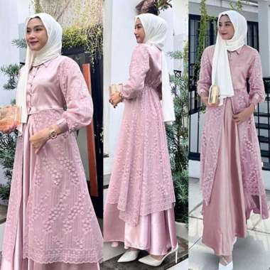 Gamis Set Arasya Dress Brukat Rok Satin Size M L Tanpa Jilbab Dusty - L