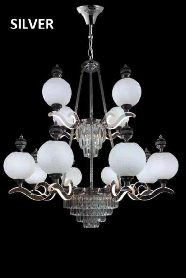 FL 1576 LAMPU GANTUNG KRISTAL KLASIK MODERN 12 LAMPU RUANG TAMU HIAS SILVER