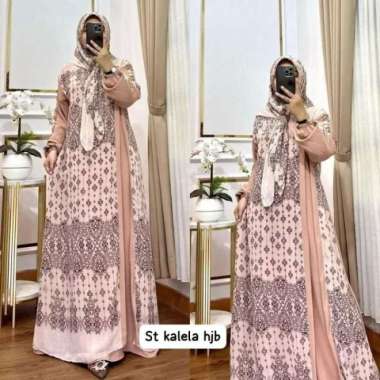 Gamis Kalela Set Hijab Dress Lebaran Wanita Muslim Gamis Kondangan Cream
