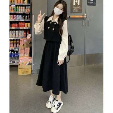 Dress wanita Dress Retro Kasual Wanita Gaya Korea Dress Lengan Panjang Kerja Longgar XL hitam