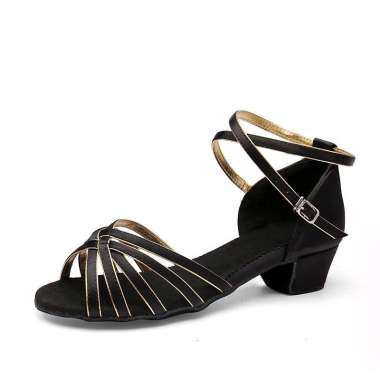 SHAKIRA HAK 3CM - Sepatu Dansa Wanita Latin/ Line Dance Tali Heels 41 Hitam List Gold
