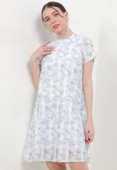 CHIC SIMPLE FURRY PRINTED LACE DRESS WANITA KOREA MOTIF MODERN DR4310 M BLUE