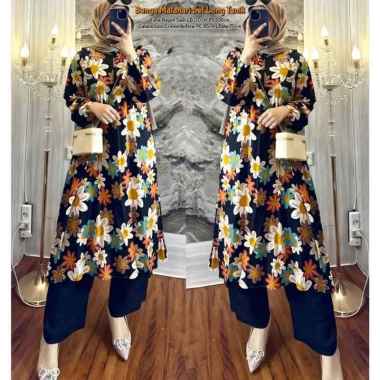 Bunga Matahari Set Tunik One Set Wanita Long Tunik Rayon Twill Baju Setelan Wanita Kekinian Celana A