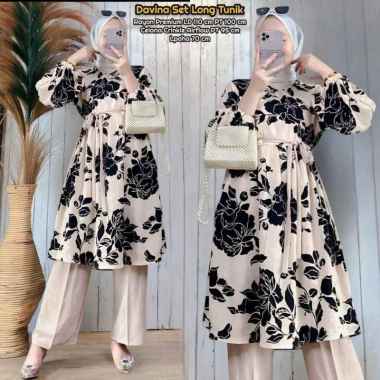 Bunga Matahari Set Tunik One Set Wanita Long Tunik Rayon Twill Baju Setelan Wanita Kekinian Celana A