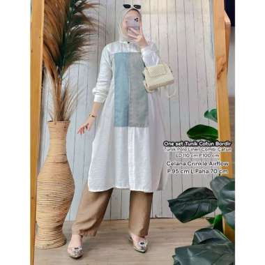 Bunga Matahari Set Tunik One Set Wanita Long Tunik Rayon Twill Baju Setelan Wanita Kekinian Celana A