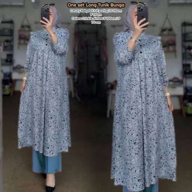 Bunga Matahari Set Tunik One Set Wanita Long Tunik Rayon Twill Baju Setelan Wanita Kekinian Celana A